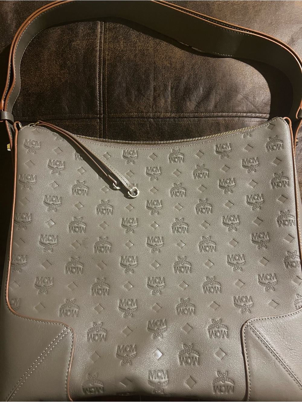 MCM Embossed Klara Monogram Shoulder Bag in Taupe with Brown Trim